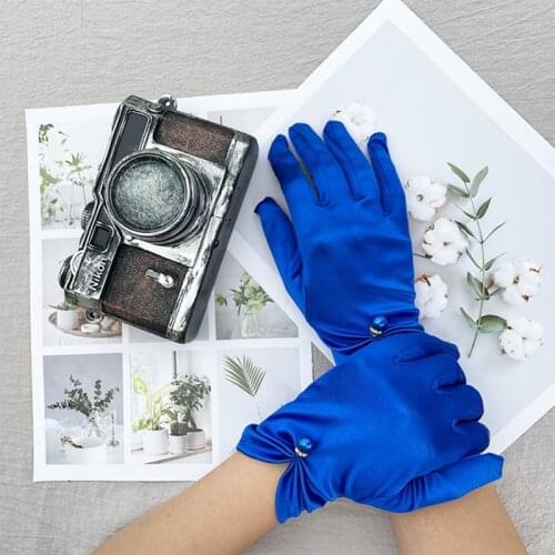 Women Summer Thin Short Satin Elastic Spandex Etiquette Dress Gloves Pearl Lace Bow UV Sunscreen Cycling Driving Mittens K69