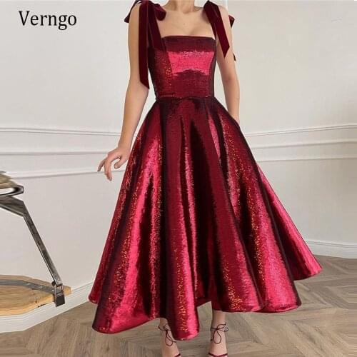 Verngo New Sparkly Burgundy Evening Dresses Strapless Velour Straps A Line Short Prom Gowns Tea Length 2021 Shine Party Wear