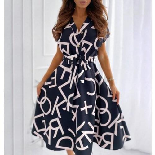 Sexy V-Neck Drawstring Letter Print Short Sleeve Party Mid-Length Dress Office Lady Summer New Female High Waist Vestidos D30
