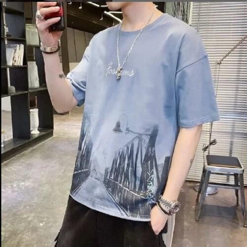 Cartoon anime short-sleeved Korean summer casual youth pullover blue collarless bottoming shirt