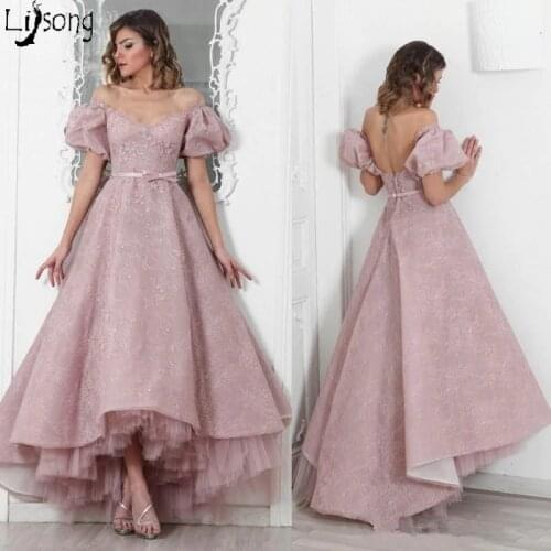 Dusty Pink Lace Female Puffy Sleeves Pleated High Low Formal Evening Dress Custom Made Vintage Royal Princess Floor Length Dress