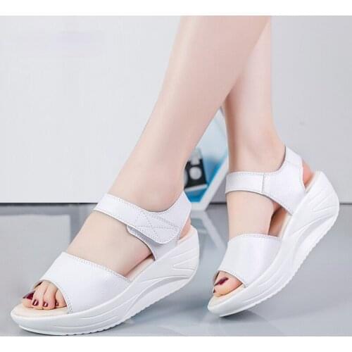 Summer Women Flat Sandals Lady Platform Soft Comfort Casual Hook & Loop White Genuine Leather Ankle Strap Wedges Sandals