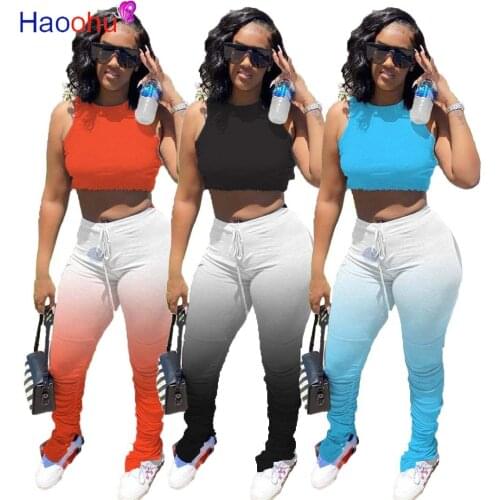 HAOOHU Sexy Gradient Plus Size Two Piece Set Women Summer Clothes Crop Top and Stacked Leggings Pant Club Outfits Matching Sets