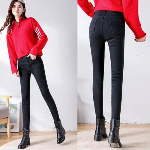 Blue tight-fitting fleece thickened pencil pants with velvet denim trousers warm womens trousers plus size winter light