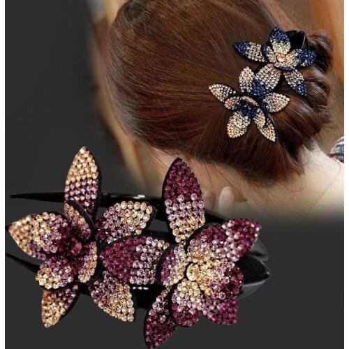 Rhinestone Double Flower Hair Clip Hair Crystal Peals Hair Combs Female Elegant Beads Hairgrip Handmade Fashion Hair Accessories