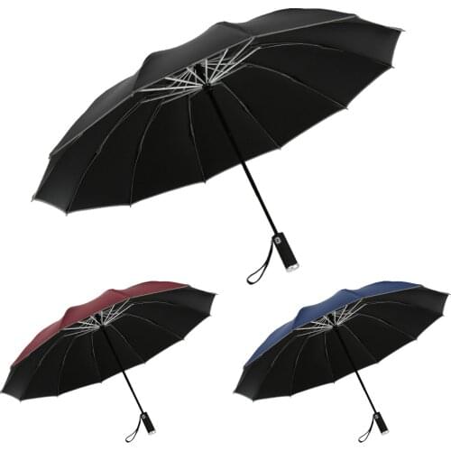 Rainproof Sunscreen Umbrella Reflective Flashlight Lighting Tri-fold Automatic Folding Reverse Umbrella carefully