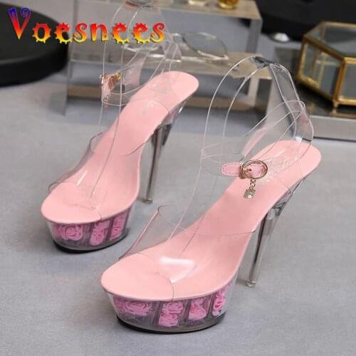 Shoes Woman New 2019 Summer High heels 15cm High Thin Heels Rose Flowers 6 Color Transparent Crystal Sandalia feminina Ladies