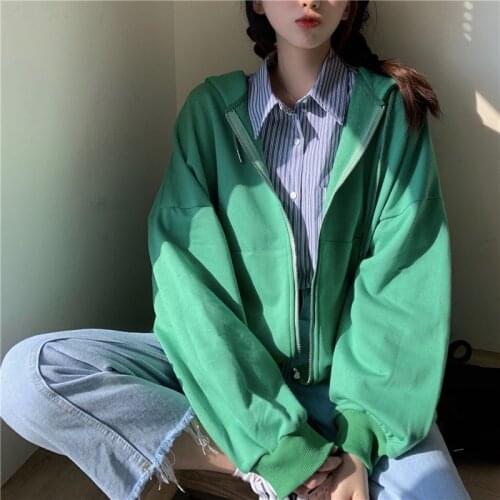 2021 Autumn Hooded Zipper Top Korean Green Hoodies Harajuku Womens Sweatshirts Pocket Jacket Clothing Femme Hoodie Streetwear