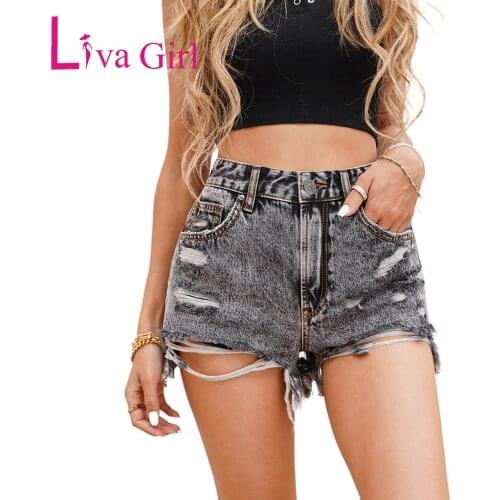 LIVA GIRL Black Washed Ripped Denim Shorts 2021 Woman Summer High Waist Hole Distressed Jean Shorts Female Casual Short Pants XL