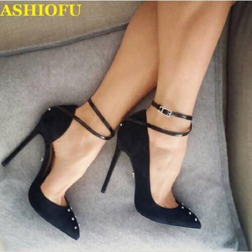 ASHIOFU Handmade Ladies High Heel Pumps Buckle Strap Party Prom Dress Shoes D'orsay Style Fashion Court Shoes