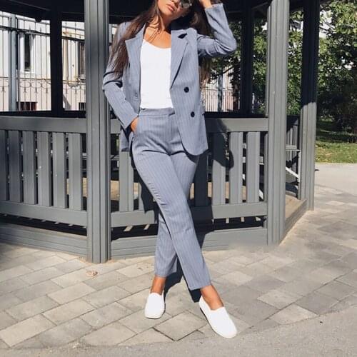 Work Pant Suits OL 2 Piece Sets Double Breasted Striped Blazer Jacket & Zipper Trousers Suit For Women Set Feminino Spring