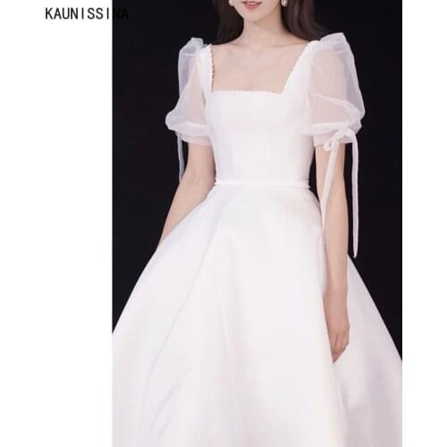 KAUNISSINA Princess Wedding Dresses Satin Vintage Square Collar Wedding Bride Gown Long Beads A-Line White Bridal Marriage Dress