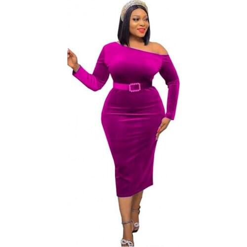 Velvet African Dresses For Women Skew Neck Full Sleeve With Sashes Robes Fashion New Solid Velour African Office Lady Dress 2021