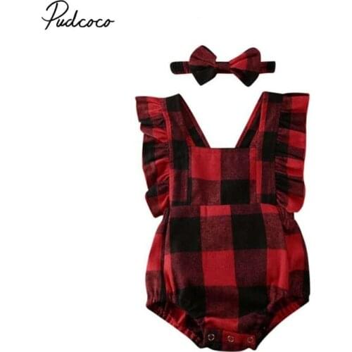 2020 Baby Summer Clothing Newborn Baby Boy Girl Christmas Red Plaid Bodysuit Headband 2Pcs Outfit Xmas Set Ruffled Sleevless Set