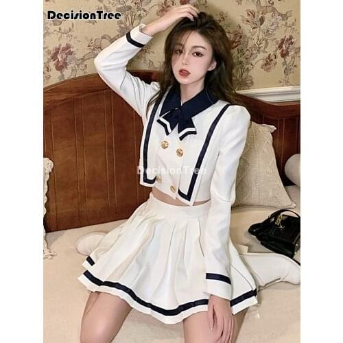2021 girl blue white sailor collar dresses school uniform girls pleated skirt cute tie full sleeve casual south korea jk dress