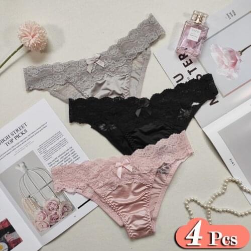 4Pcs/Lot French Romantic Floral Lace Edge Sexy Panties Women Pearl Luster Underwear Bow Briefs Solid Woman Lingerie Thong Set