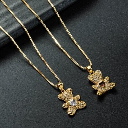 Gothic Hip-hop Style Color Love Bear Pendant Necklaces Female Pure Copper Crystal Clavicle Chain 2021 New Accessories Wholesale