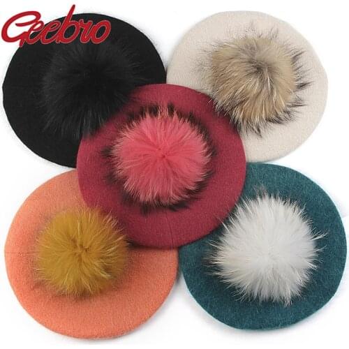 Geebro Women Wool Beret Light Board Female Hat with Raccoon Fur Pompom Retro Beret Baker Lady Headwear Winter Warm Elegant Hats