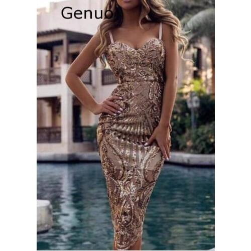 Genuo New 2020 Fashion Golden Sequins Midi Dress Sexy Sleeveless Backless Wholesale Celebrity Party Slip Dress