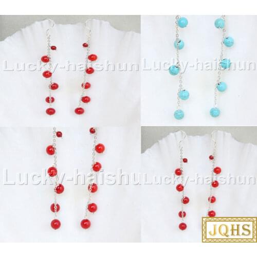 JQHS Genuine Dangle baroque red coral blue turquoises Beaded Strand Earrings 925s silver hook j11755-2