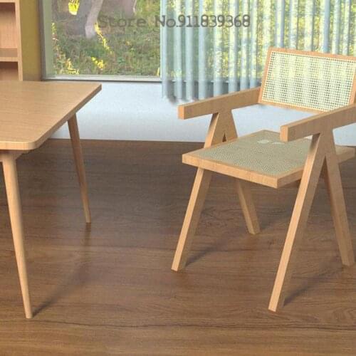 Nordic ins simple rattan backrest leisure chair homestay balcony solid wood rattan recliner modern armrest dining chair