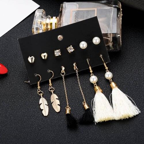 Fashion crystal simulated pearl earrings boho long tassel golden leaf pendant hanging dangle drop earrings set for women girl