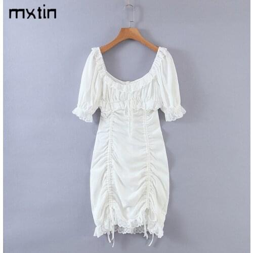MXTIN 2021 Women Vintage Spring White Lace Sheath Mini Dress Fashion Puff Sleeve Zipper Female Party Dresses Womens Clothing