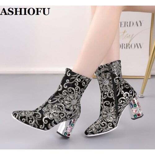 ASHIOFU 2020 New Classic Womens Chunky Heels Boots Sewing Leather Crystal-heel Ankle Booties Plus Size Retro Fashion Boot Shoes