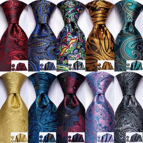 Hi-Tie Red Fashion Paisley 100% Silk Mens Tie Set 8.5cm Wedding Ties For Men New Design Hanky Cufflinks Set Quality Necktie
