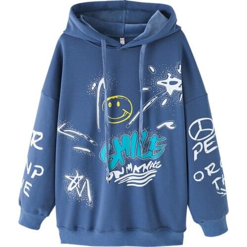 New autumn ladies hoodies blue print long sleeve loose sweatshirt for women cotton fashion casual oversized fullover female tops