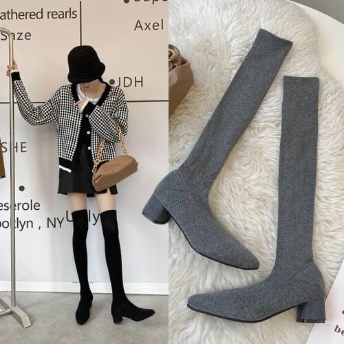 Solid Color Elastic Fabric Womens Boots Over The Knee Boots Slim Low Heel Gray Black Socks Boots Spring Autumn Ladies Shoes New