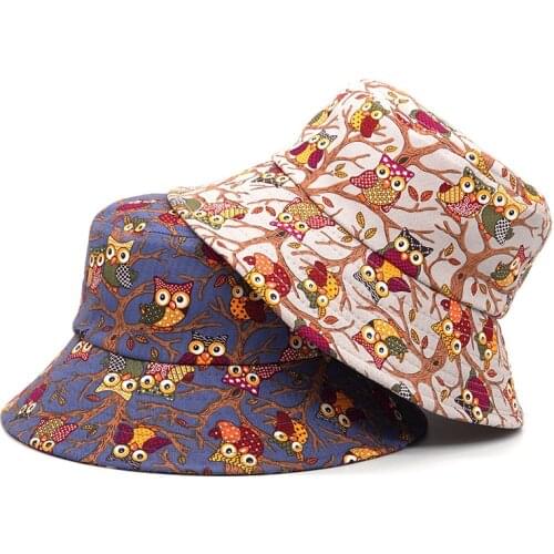 2021 Fashion Cartoon Bucket Hat Women Men Owl Print Cotton Summer Fisherman Hat