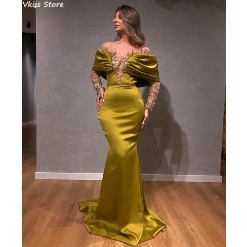 Mermaid Prom Dress Girl Party Sexy Beads O-neck Satin Elegant Yellow Floor Length 2021 Evening Dress robe de soirée de mariage
