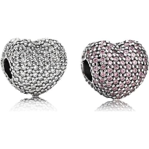 S925 Silver Bead Charm Pave Open My Heart Clip Lock Stopper Beads for Women Bracelet Bangle Diy Jewelry