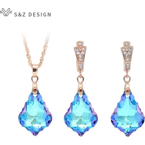 S&Z New Colorful Imitation Crystal Water Drop Dangle Earrings Jewelry Set 585 Gold Color For Women Wedding Party Gift Eardrop