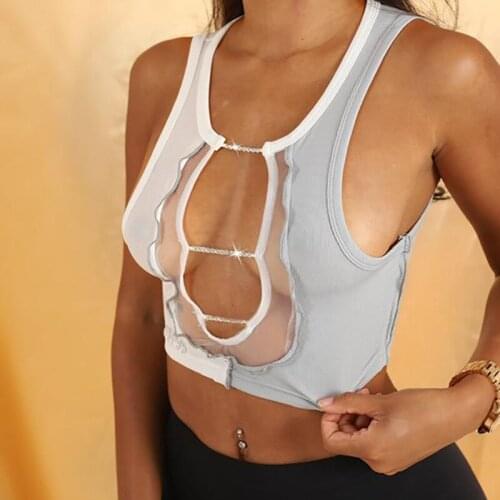 SEASONS Ribbed Hollow Out Mesh Patchwork Diamond Women Crop Top Tanks Bodycon Sexy Streetwear Autumn Winter Club Vests ASVE81599