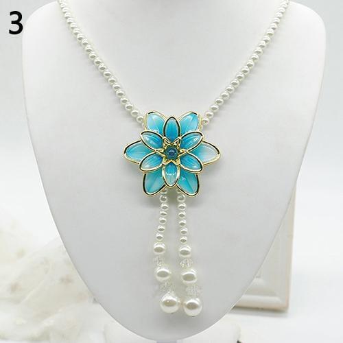 Womens Fashion Jewelry Flower Pendant Faux Pearl Tassels Necklace Sweater Chain