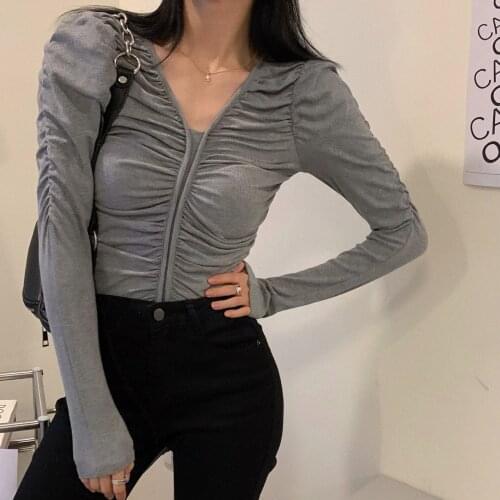 Vintage Pleated T Shirts Women Spring Summer 2021 Solid V Neck Puff Sleeve Female Tops Elegant Casual Slim Fit Ladies Tee