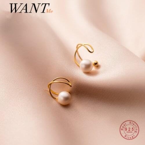 WANTME Genuine 925 Sterling Silver Pearl No Pierced Charming Ear Clip On Earrings for Women Girl Office Party Ear Cuff Jewelry
