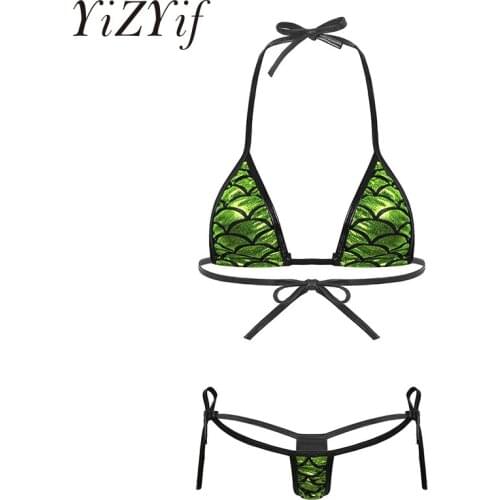 Women Shiny Metallic Mermaid Fish Scale Printed Bikini Lingerie Set Halter Neck Self-tie Bra Top with G-String Briefs Underwear