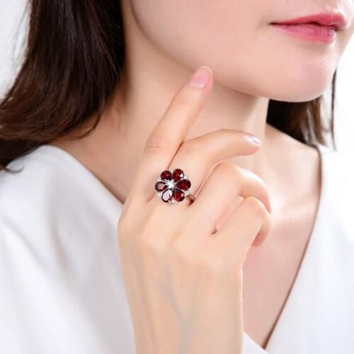 GEMS BALLET 5.05Ct Natural Red Garnet Cocktail Flowers Ring 925 Sterling Silver Classic Gemstone Rings For Women Fine Jewelry