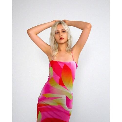 2021 Women’s Sexy Suspender Skinny Dress Fashion Mesh Yarn Printing Backless Split Short Dress