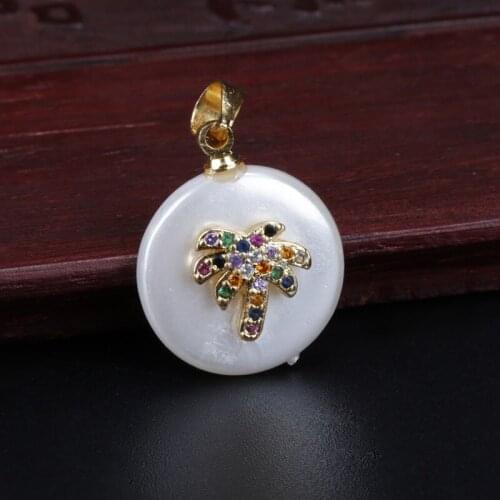 Rainbow multi color cz paved tiny gold tropical palm tree charm round coin pearl bead dainty pendant choker necklace for women