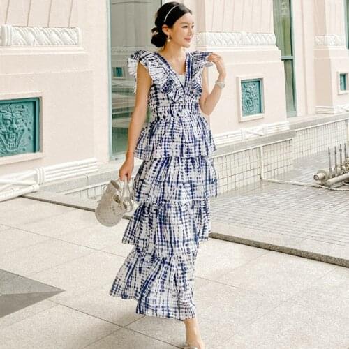 Fashion Summer Korean Vintage Ruffle Sleeveless Maxi Party Dress Ladies Elegant Robe Casual V-Neck Backless Print Beach Dress