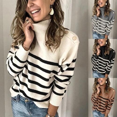Winter Women Long Sleeve Knitted Sweater Turtle Neck Striped Print Pullover Top