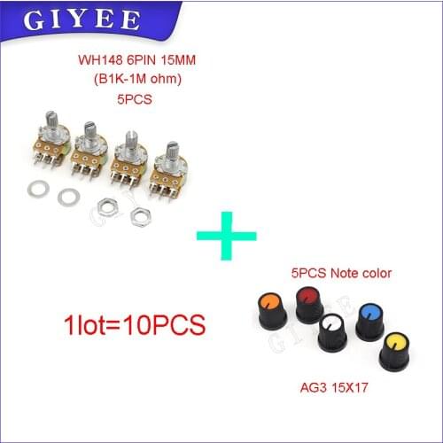 10pcs WH148 whit cap AG3 B1K B2K B5K B10K B20K B50K B100K B250K B500K B1M 6Pin 15mm Shaft Amplifier Dual Stereo Potentiometer