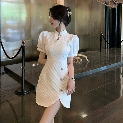 2021 chinese improved cheongsam french style puff sleeve hollow design elegant women sexy bodycon dress night club retro qipao