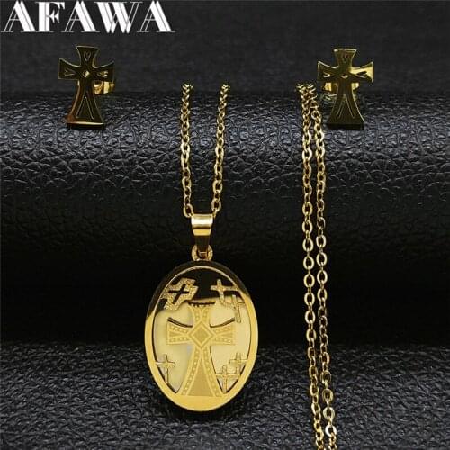 2021 Cross Stainless Steel Necklace Earrings Set Jewelry Oval Cross Christian Set Jewelry joyeria acero inoxidable SXS01