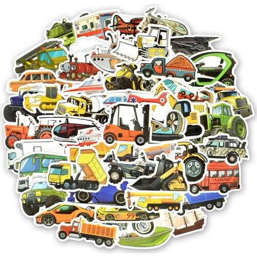 50 PCS Transportation Cartoon Sticker Toys For Boys Car Ship Aircraft Anime Sticker For DIY Kids Toys Room Learning Traffic Tool