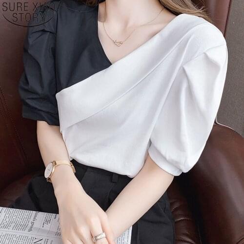 Summer V-neck Blouse Bubble Sleeve Womens Backless Color Contrast Design Short Sleeve Women Cute Short Chic Tops Blusa 14924
